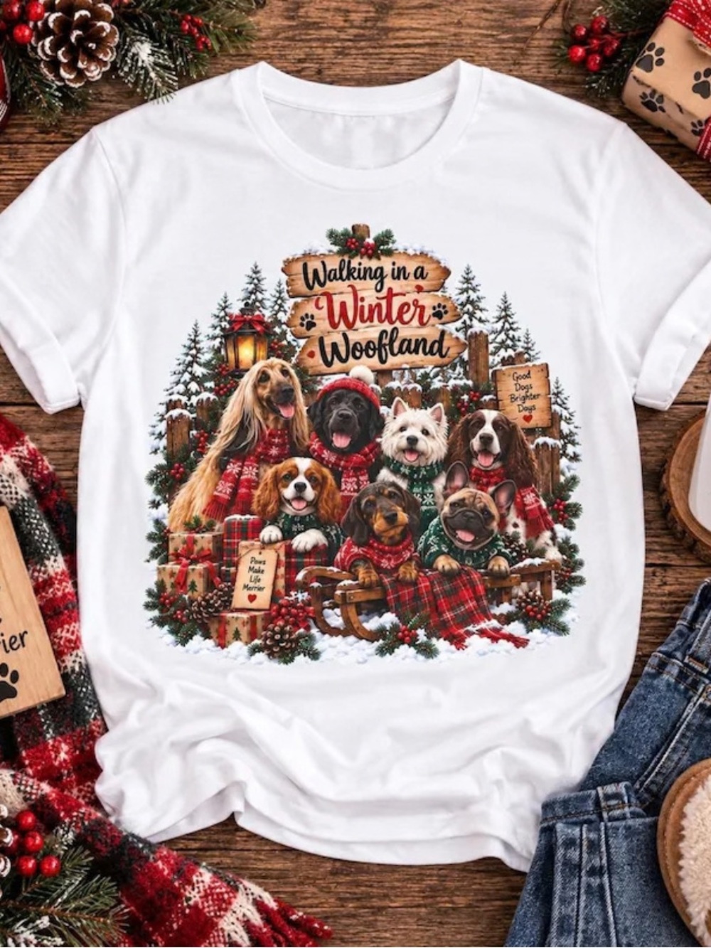Walking in a Winter Woofland White Holiday T-Shirt, Vintage Christmas Tee Unisex